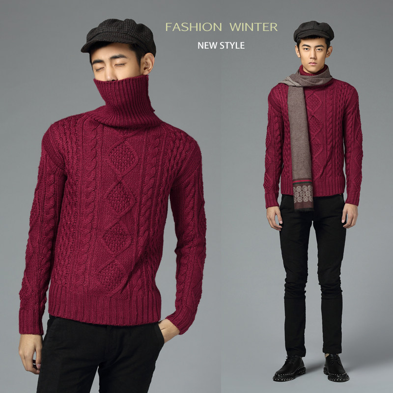 爆款男装复古经典酒红色<em>高领</em>麻花<em>编织</em>羊毛成分