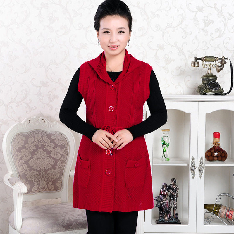 加大号<em>中老年</em>女装<em>长款</em>无袖连帽<em>毛衣</em>外套 妈妈