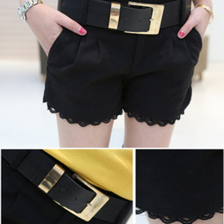 <em>短裤秋冬少女韩版新款</em>显瘦蕾丝花边百搭毛呢短