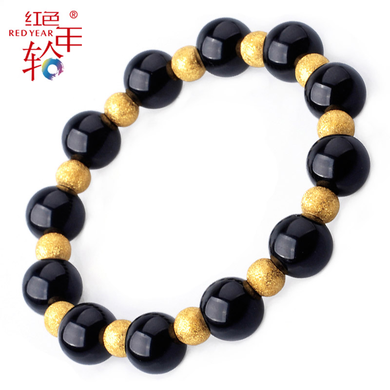 红色年轮 天然黑玛瑙 黄金手链 男士女士佩戴 9