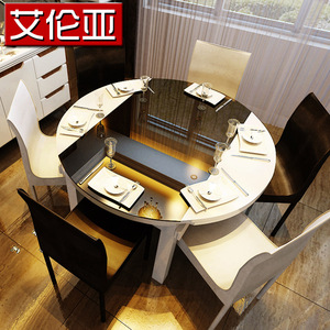 现代家用餐桌椅组合6人折叠圆形方桌现代黑色