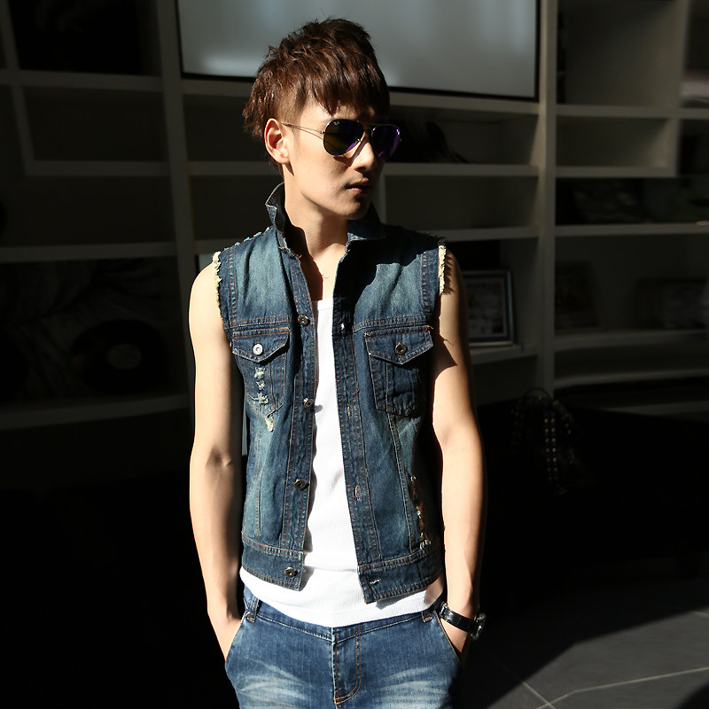 潮流男装<em>韩版</em>时尚无袖<em>牛仔马甲</em>男秋冬<em>短款</em>外套