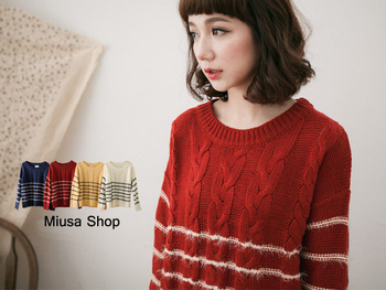 <em>毛衣搭配</em>_Miusa秋冬新款 复古麻花编织细<em>条纹</em>