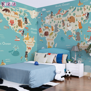 儿童房墙纸卡通手绘世界地图壁纸个性背景环保