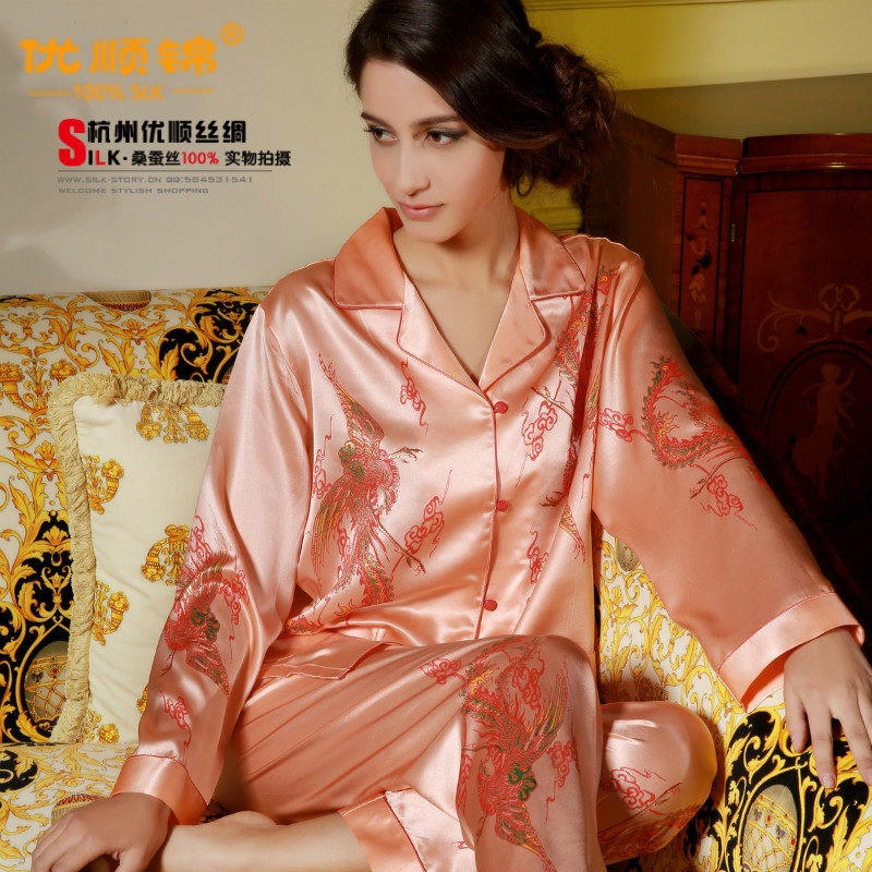 smallf 真丝<em>睡衣女</em>长袖家居服 纯色烫金奢华丝绸