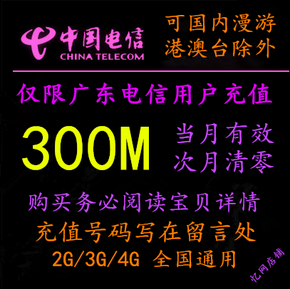 广东电信流量充值300M加油包叠加包全国通用