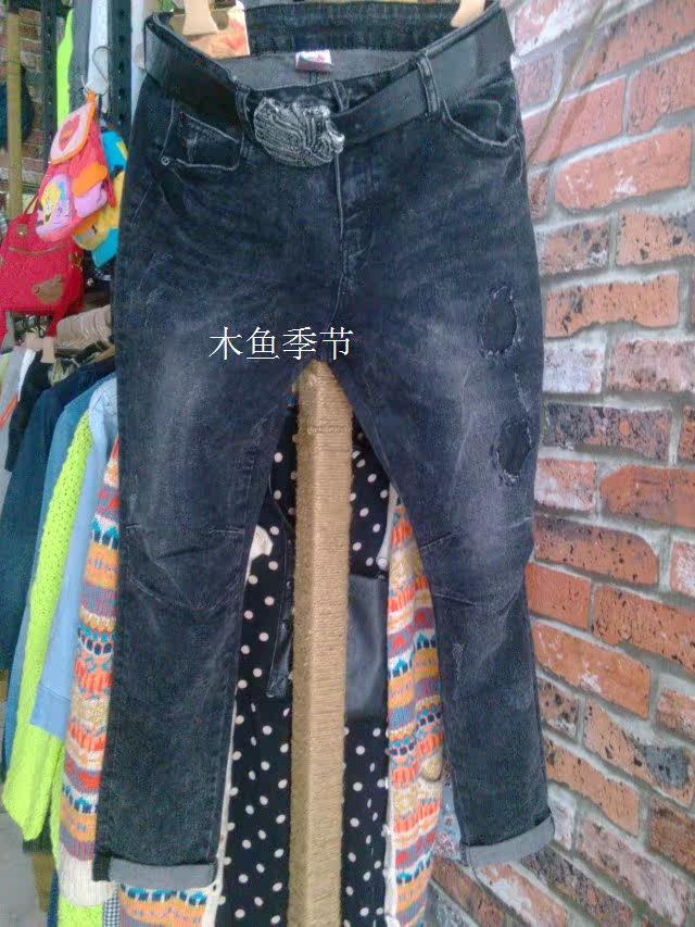 欧洲站时尚新款秋装长裤显瘦<em>女牛仔垮裤</em> 烟熏