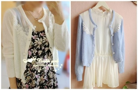 美百搭肩部透视绣花大珍珠纽扣<em>棉麻针织开衫</em>白