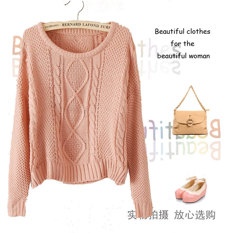 韩版 简约 百搭 女士 大 麻花<em>圆领</em>短款针 <em>织毛衣</em>