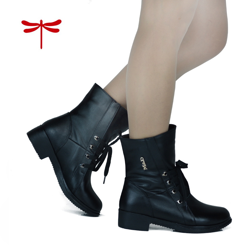 2013秋冬红蜻蜓正品短靴女士平跟马丁靴系带