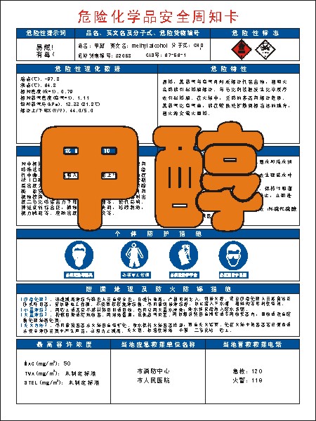 甲醇安全周知卡 危险化学品安全告知牌 MSDS