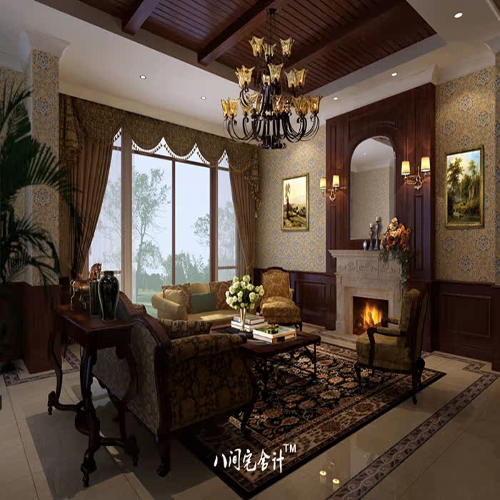 美式乡村设计风格连排别墅室内装饰效果图3D