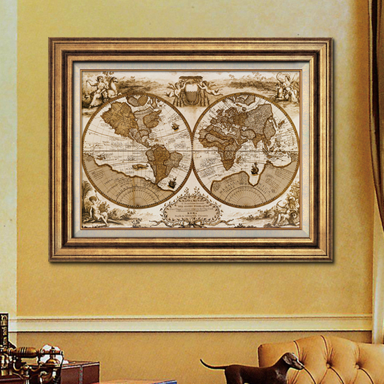 尚尚木莲 美式客厅书房横幅装饰画背景墙地图