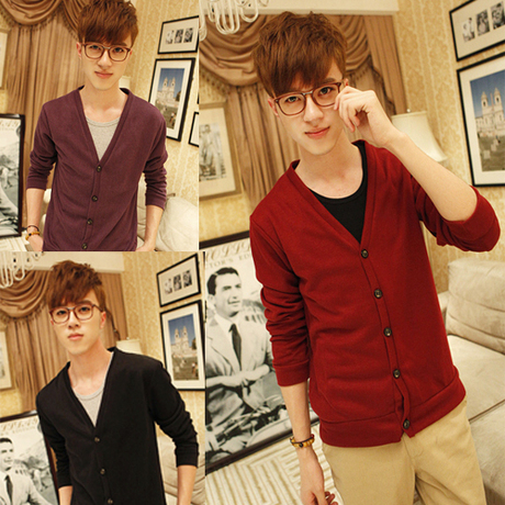 【韩版快线】秋装新款酒<em>红色男士开衫</em> V领纽扣