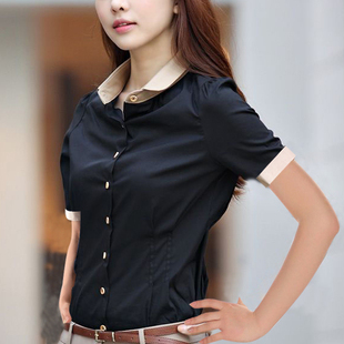  卡月夏季女装韩版短袖衬衫女衬衣短袖女式衬衣女长袖修身黑色
