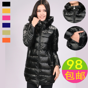  包邮PU皮 韩版中长款棉服 保暖 连帽女修身 显瘦羽绒棉衣新款