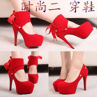  特价绸缎带™红色高跟鞋新娘鞋红色婚鞋细跟结婚鞋子 包邮