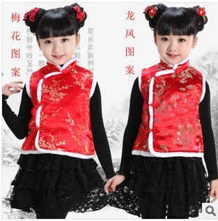 秋冬女孩夹棉马甲 儿童唐装演出服 女童毛领背