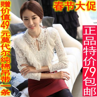  年春夏装新品款韩版淑女风白色蕾丝衬衫时尚高贵女式长袖衬衫