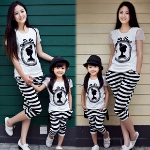  亲子装母女装夏装款童装女童公主短袖T恤条纹哈伦裤套装韩版