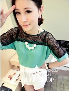  e恋 新款女装 一字蕾丝肩部拼接雪纺T恤 (好面料）A64