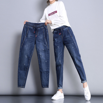 松紧腰加绒牛仔裤女宽松春秋2018新款韩版胖mm大码哈伦裤小脚长裤