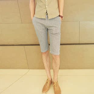  JNCQ 夏装新款林弯弯潮流男装韩版修身百搭牛仔条纹皮饰短裤