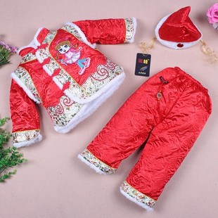 诺娃童装冬装棉衣三件套装婴儿装绸缎面新年服装加厚女童唐装