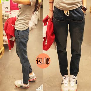  秋冬新款加绒加厚牛仔裤 女松紧腰宽松大码哈伦裤休闲裤打底裤子