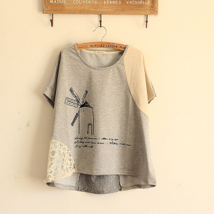  日系风车小房印花蕾丝花边不规则下摆短袖T恤女 森女系新款大码