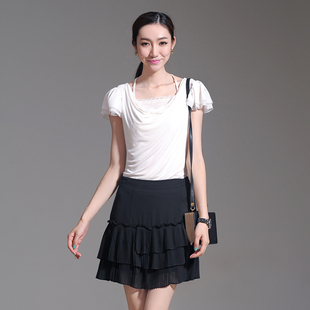  手机专享●9魅 夏蕾丝拼接褶皱 修身型女款T恤[32SC2822]二色