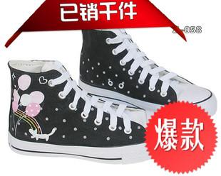  系带中帮手绘鞋漂亮气球涂鸦鞋涂鸦鞋绘休闲帆布鞋男女款吕质童鞋