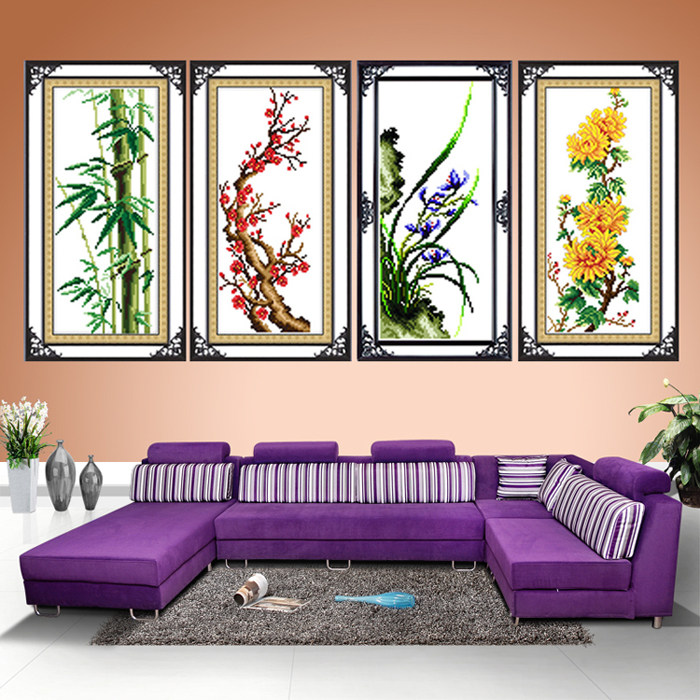 Silk plum, Orchid, bamboo and chrysanthemum four-draw latest cross stitch stitch new living room large new precision printing