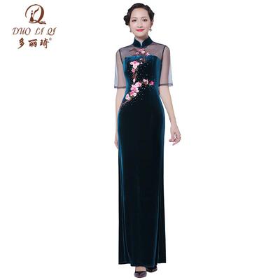 旗袍2018新款复古定制 端庄大气中国风修身金丝绒改良旗袍连衣裙