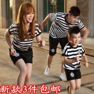  亲子装夏装全家装年徽章条纹T恤套装母子母女家庭装一家三口
