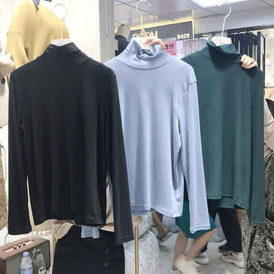 特价2019春季新款女装宽松休闲纯色百搭长袖t恤薄款高领打底衫女