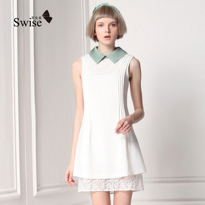 swise苏安真夏季 翻领打条连衣裙 蕾丝拼接假两件背心裙