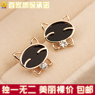  E093大脸猫耳钉 韩国 可爱 镶钻时尚耳环 耳饰品镀玫瑰金耳钉 女