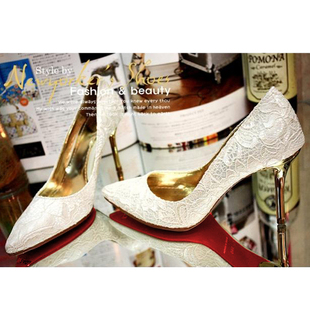  新娘鞋婚鞋单鞋高跟蕾丝婚鞋 黑白色高跟鞋夜店 浅口鞋秋鞋09768