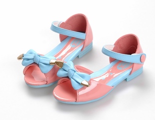  新款韩版童鞋 可爱蝴蝶结撞色拼接粉色女儿童公主鱼嘴鞋 夏款凉鞋