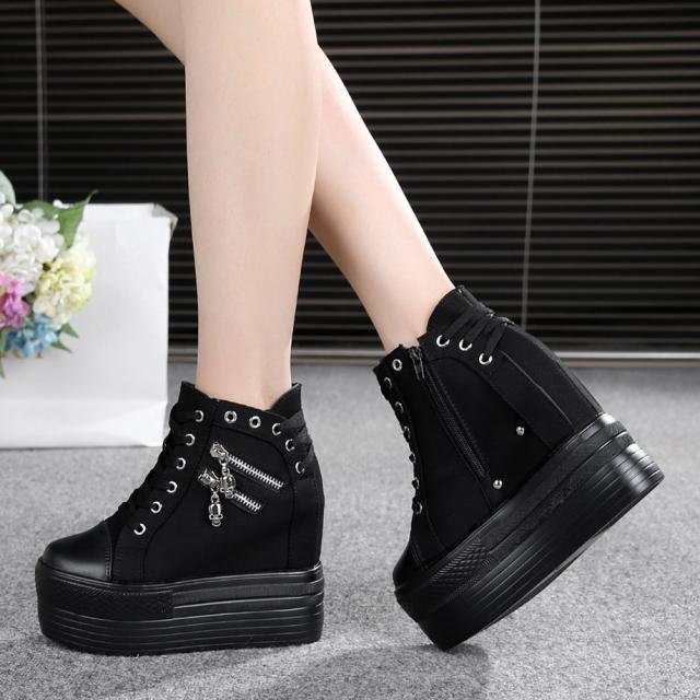 spring and autumn 12cm Extra high heels canvas shoe student Frenum Platform shoes Black and white ventilation Casual shoesin the Women's Shoes, High shoes category - from Buy2taobao.com to provide professional Taobao agent buy service