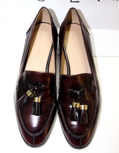  帅气zara新款代购欧美英伦做旧复古真皮流苏牛津铆钉平底单鞋女鞋