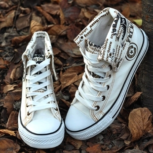  春秋新款高帮帆布鞋男布鞋休闲鞋翻边印花时尚潮流男款帆布鞋