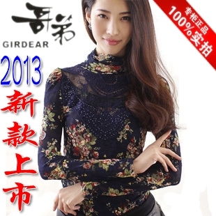  春装新款哥弟正品牌女装女士韩版蕾丝高领修身长袖加绒打底衫