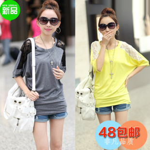  夏装新款时尚宽松短袖T恤 蕾丝拼接蝙蝠衫 大码女士T恤打底衫677