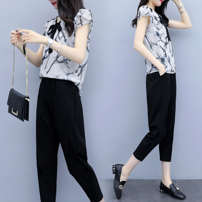 2019夏季新款女装韩版显瘦洋气两件套雪纺短袖上衣小脚裤时尚套装