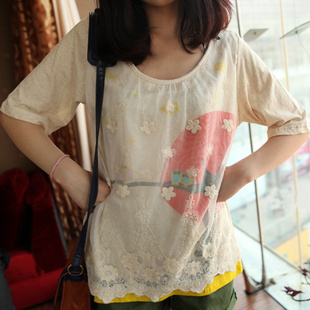  包邮13春夏日系森女系卡通小树蕾丝拼接双层圆领短袖女T恤235