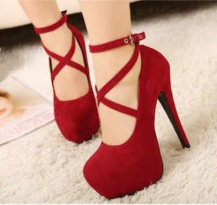  日韩新款单鞋扣带女鞋防水台14CM高跟鞋红鞋婚鞋圆头防水台新娘鞋