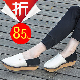  新款34码女鞋英伦复古尖头防水台厚底松糕鞋欧美漆皮平跟单鞋