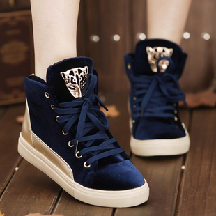  春款金丝绒休闲板鞋欧洲站厚底松糕鞋拼色内增高高帮鞋女潮鞋